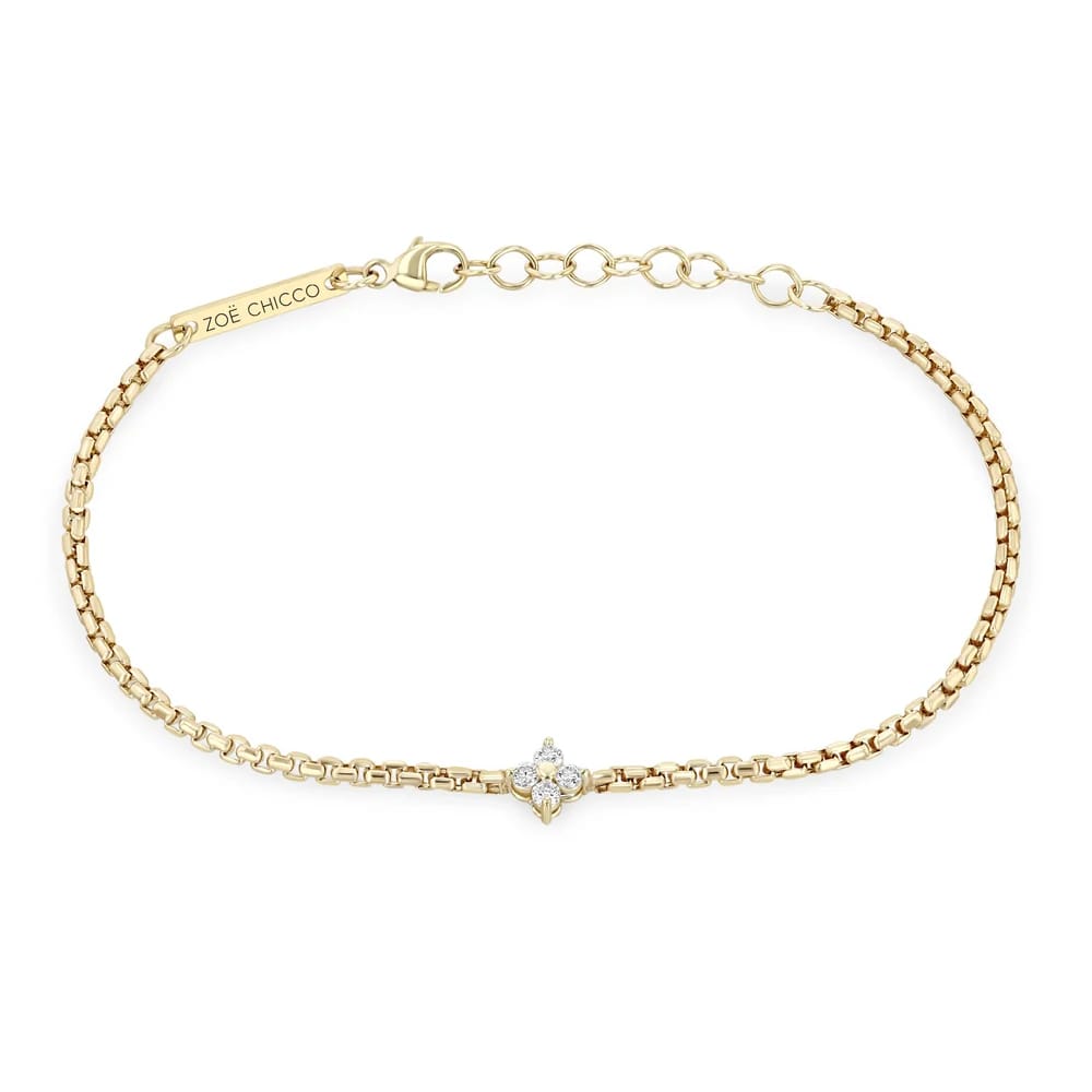 14K GOLD 2MM QUAD PRONG SET SMALL BOX CHAIN BRACELET 6-7" ADJUSTABLE LENGTH (.12 CTW)