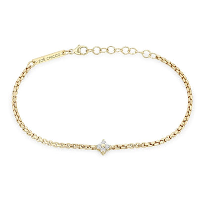 14K GOLD 2MM QUAD PRONG SET SMALL BOX CHAIN BRACELET 6-7" ADJUSTABLE LENGTH (.12 CTW)