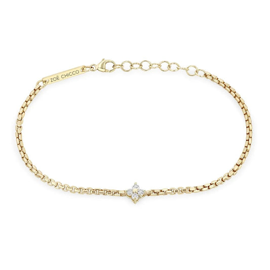 14K GOLD 2MM QUAD PRONG SET SMALL BOX CHAIN BRACELET 6-7" ADJUSTABLE LENGTH (.12 CTW)