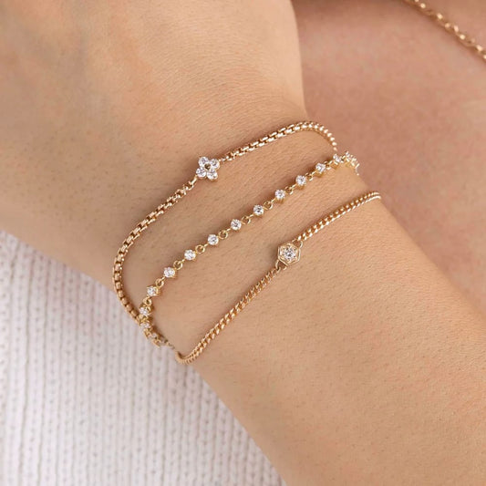 14K GOLD 2MM QUAD PRONG SET SMALL BOX CHAIN BRACELET 6-7" ADJUSTABLE LENGTH (.12 CTW)
