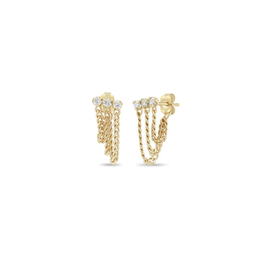 14K GOLD 3 WATERFALL X-SMALL CURB CHAIN TO BACK EARRINGS WITH PRONG SET 2MM DIAMONDS ON TOP (.18 CTW)