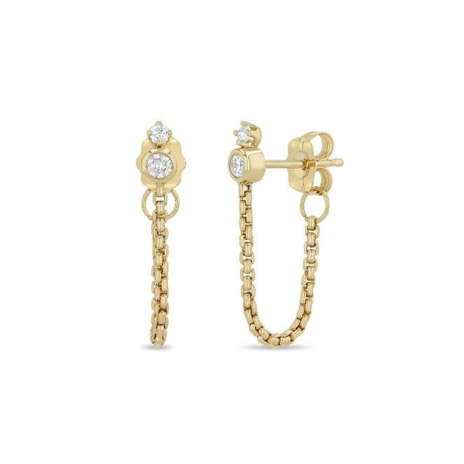 14K GOLD X-SMALL BOX CHAIN TO BACK EARRINGS WITH A 2.4MM BEZEL SET DIAMOND WITH A 1.7MM PRONG DIAMOND ON TOP (.14 CTW)