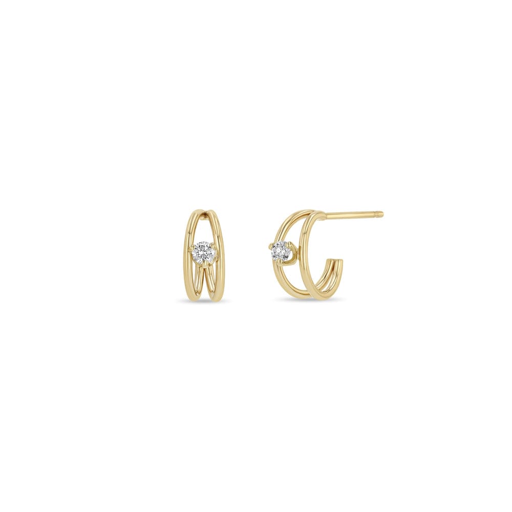 14K GOLD HUGGIE DOUBLE WIRE HOOPS WITH A PRONG SET 2.4MM WHITE DIAMOND IN BETWEEN THE HOOPS (.10 CTW)