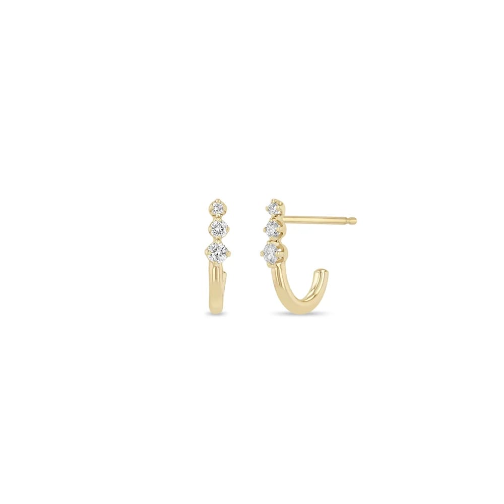 14K GOLD SMALL J HOOK EARRINGS WITH 3 GRADUATING PRONG SET ROUND DIAMONDS ON TOP (.12 CTW)
