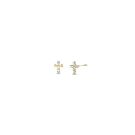 14K GOLD TINY BEZEL 1MM DIAMOND CROSS STUD EARRINGS (.06 CTW)