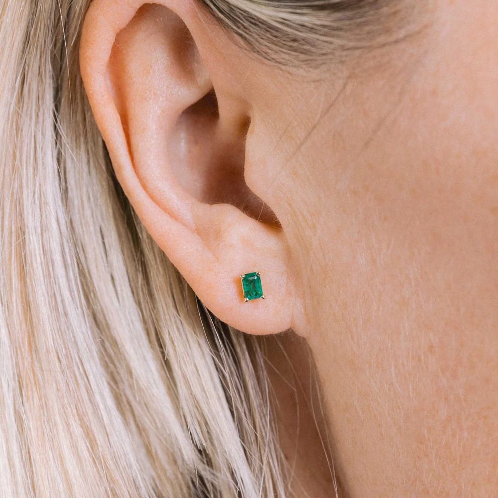 14K GOLD PRONG SET EMERALD CUT EMERALD STUDS (.44 CTW)