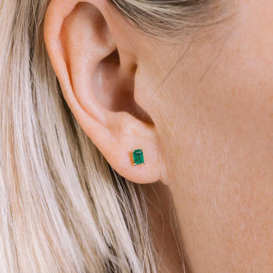 14K GOLD PRONG SET EMERALD CUT EMERALD STUDS (.44 CTW)