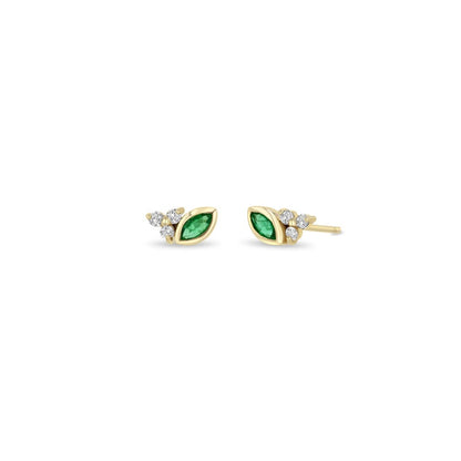 14K GOLD BEZEL SET MARQUISE EMERALD STUD EARRINGS WITH A PRONG SET 1.5MM DIAMOND TRIO (.09 CTW, 4X2MM EMERALD)