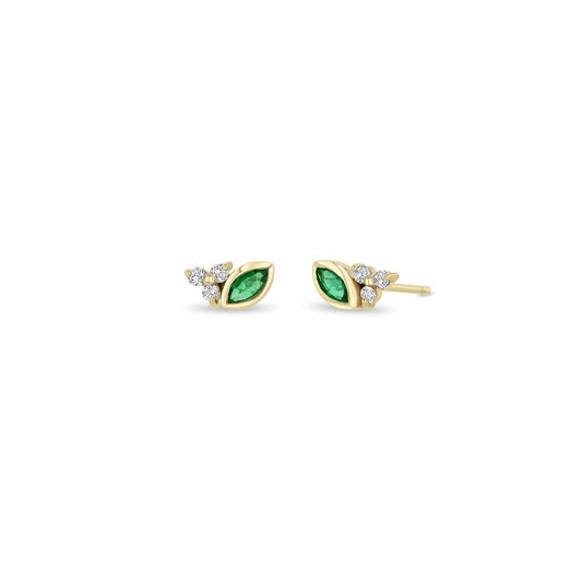 14K GOLD BEZEL SET MARQUISE EMERALD STUD EARRINGS WITH A PRONG SET 1.5MM DIAMOND TRIO (.09 CTW, 4X2MM EMERALD)