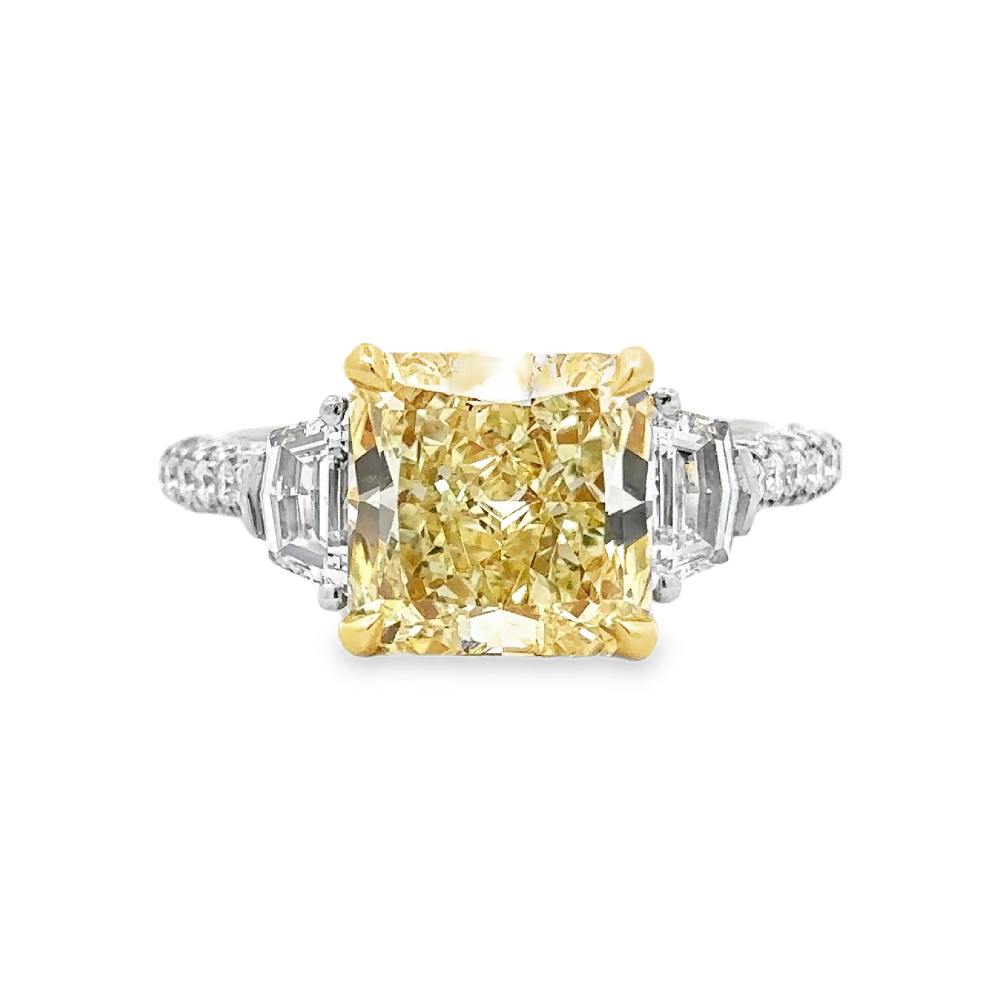 KJ5 Platinum GIA Certified Radiant Cut Fancy Yellow Diamond 3-Stone Engagement Ring