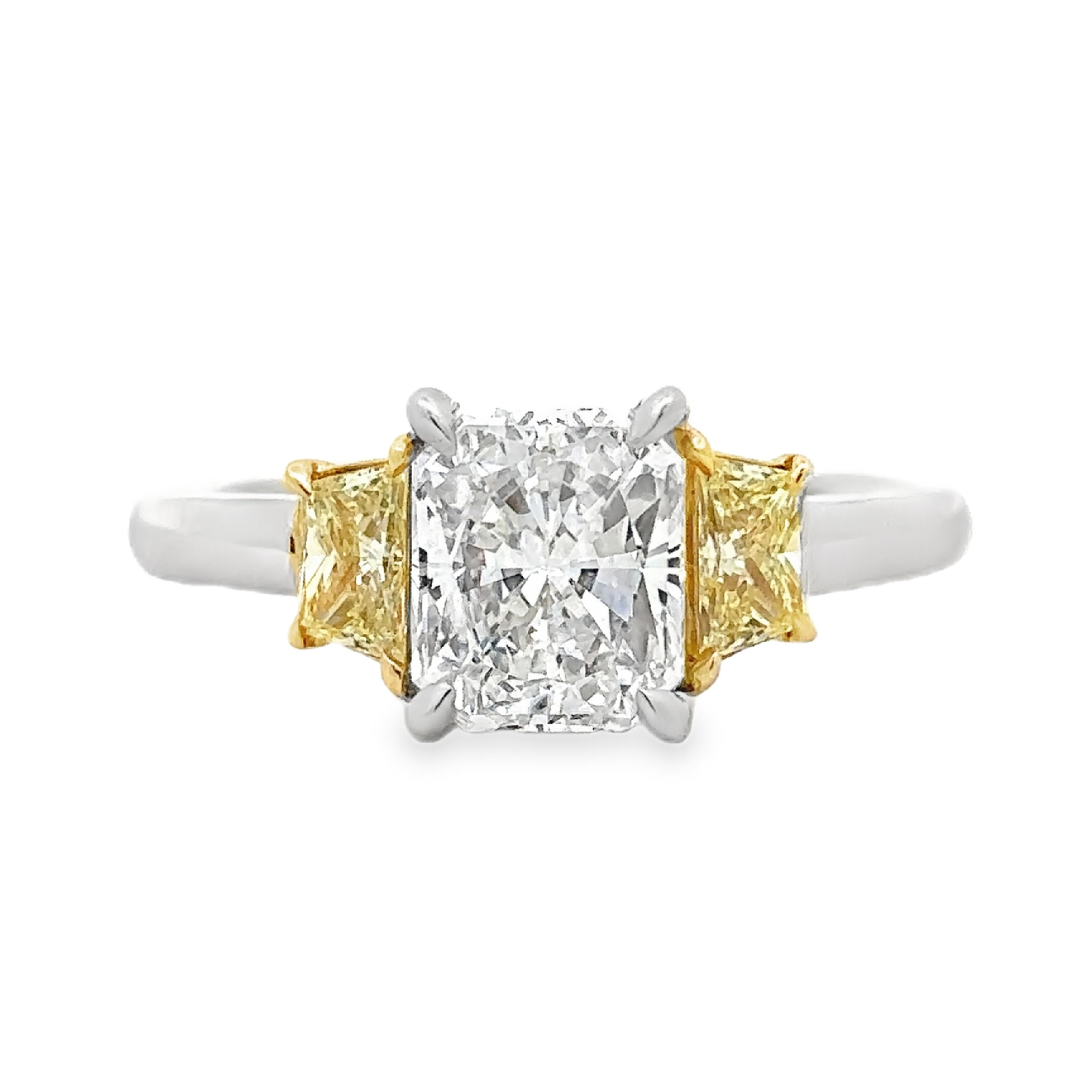 KJ5 Platinum GIA Radiant Cut and Fancy Yellow Diamond 3-Stone Engagement Ring