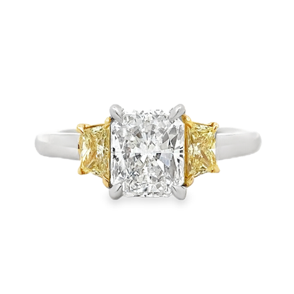 KJ5 Platinum GIA Radiant Cut and Fancy Yellow Diamond 3-Stone Engagement Ring