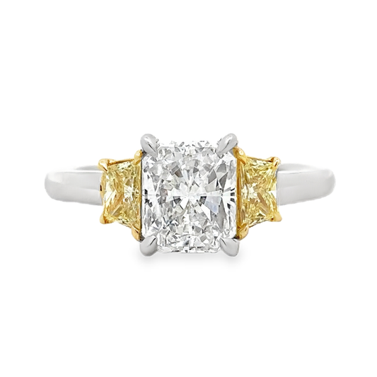 KJ5 Platinum GIA Radiant Cut and Fancy Yellow Diamond 3-Stone Engagement Ring