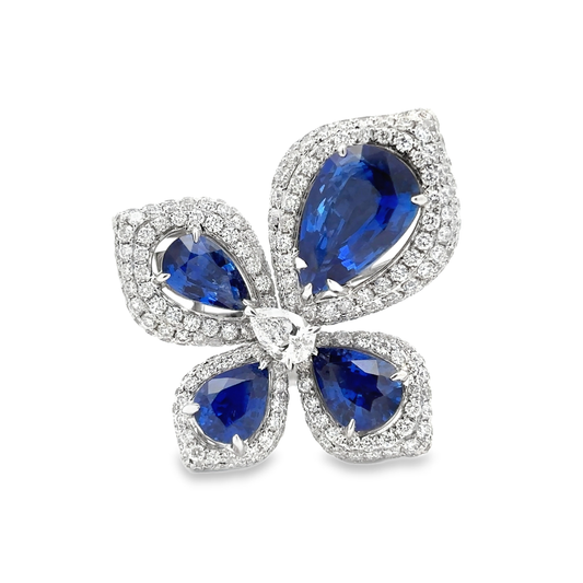 King Jewelers Blue Sapphire and Diamond Flower Ring 18K White Gold