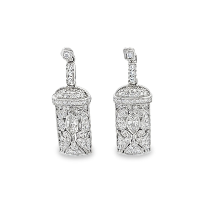 King Jewelers Intricate Filigree Diamond Drop Earrings 14K White Gold
