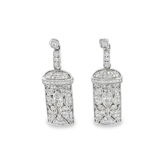 King Jewelers Intricate Filigree Diamond Drop Earrings 14K White Gold