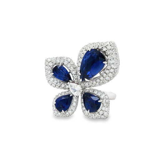 King Jewelers Blue Sapphire and Diamond Flower Ring 18K White Gold