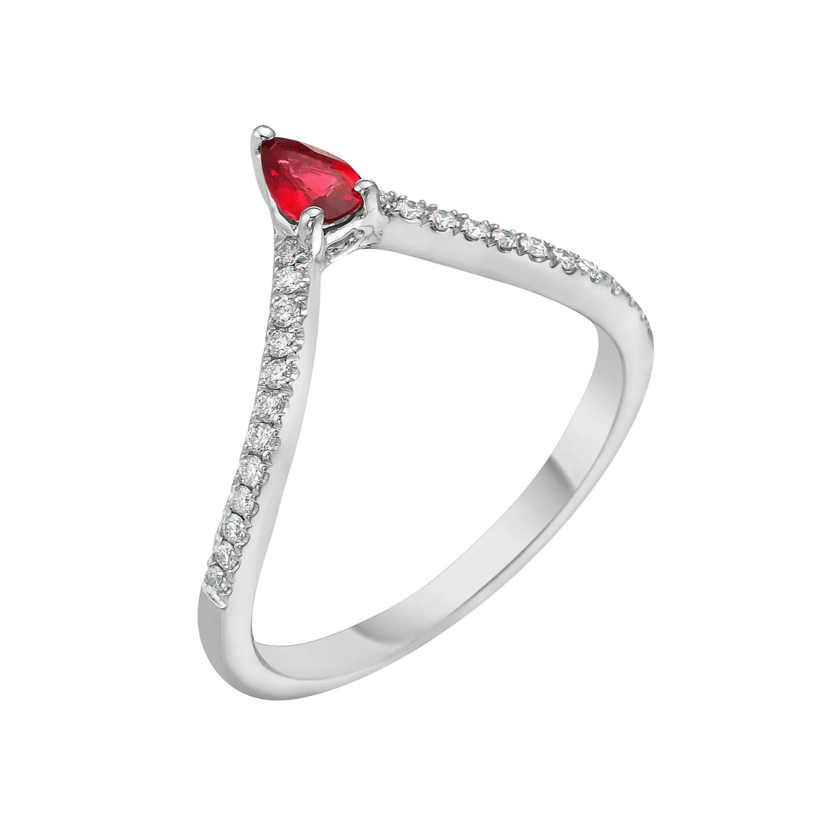 King Jewelers Pear Ruby and Diamond Curved Stackable Ring 14K White Gold