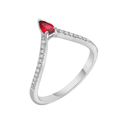 King Jewelers Pear Ruby and Diamond Curved Stackable Ring 14K White Gold