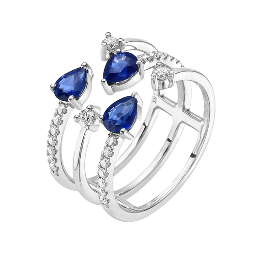 King Jewelers Blue Sapphire and Diamond Open Multirow Ring 18K White Gold