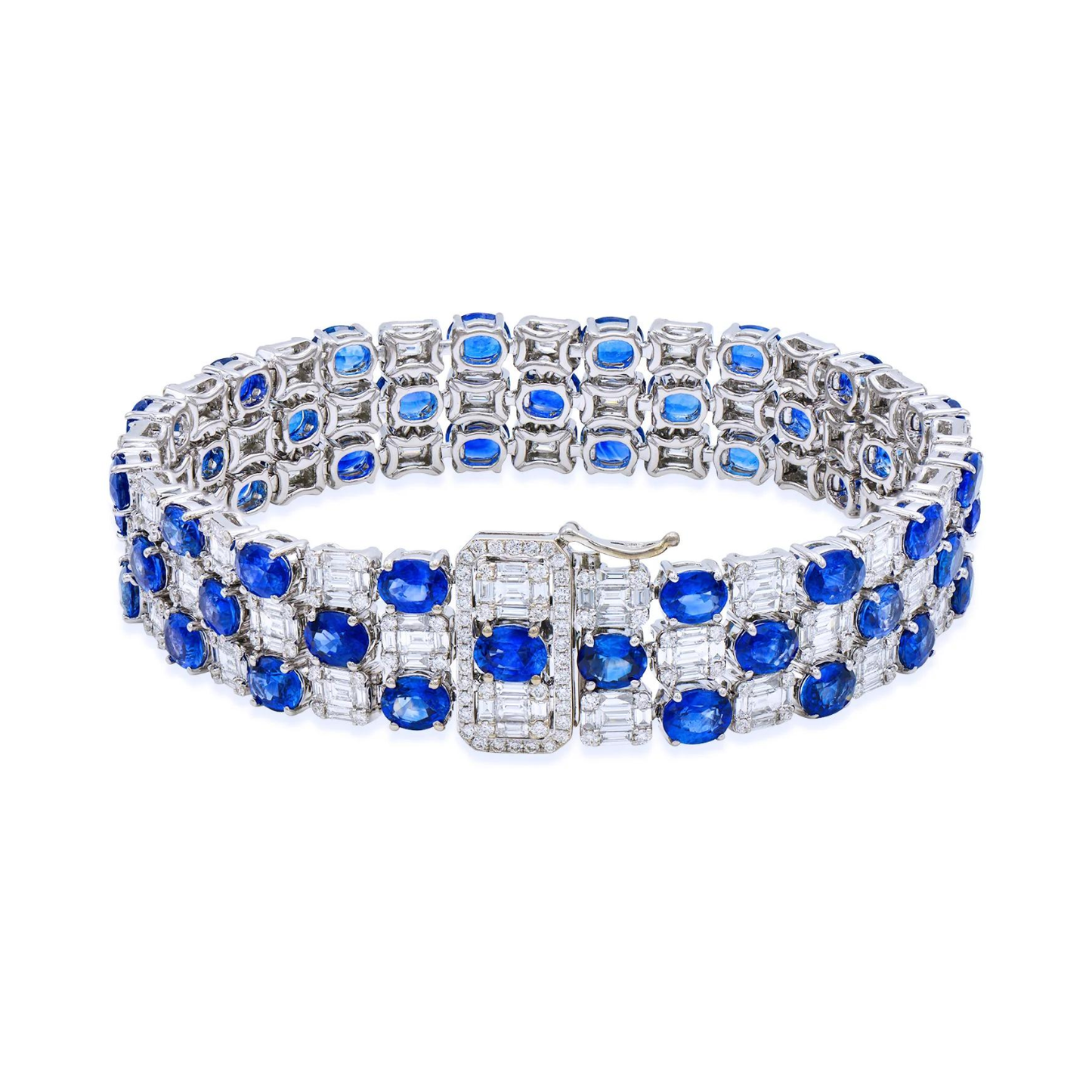 King Jewelers Multirow Blue Sapphire and Diamond Bracelet 18K White Gold