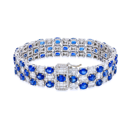 King Jewelers Multirow Blue Sapphire and Diamond Bracelet 18K White Gold