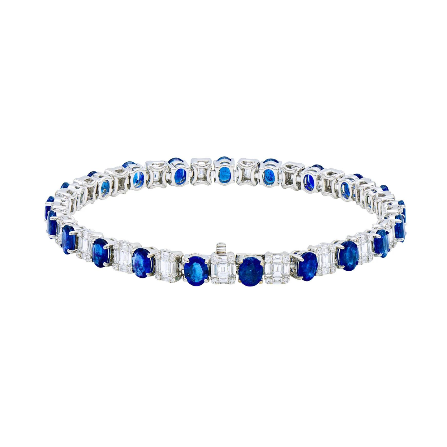 King Jewelers Oval Blue Sapphire and Diamond Bracelet 18K White Gold