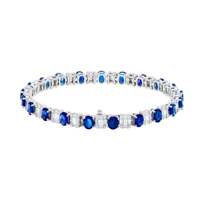 King Jewelers Oval Blue Sapphire and Diamond Bracelet 18K White Gold