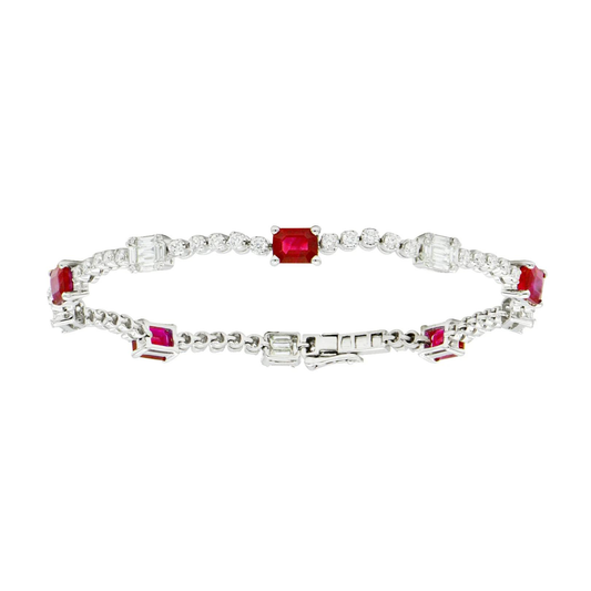 King Jewelers Ruby and Diamond Bracelet 14K White Gold