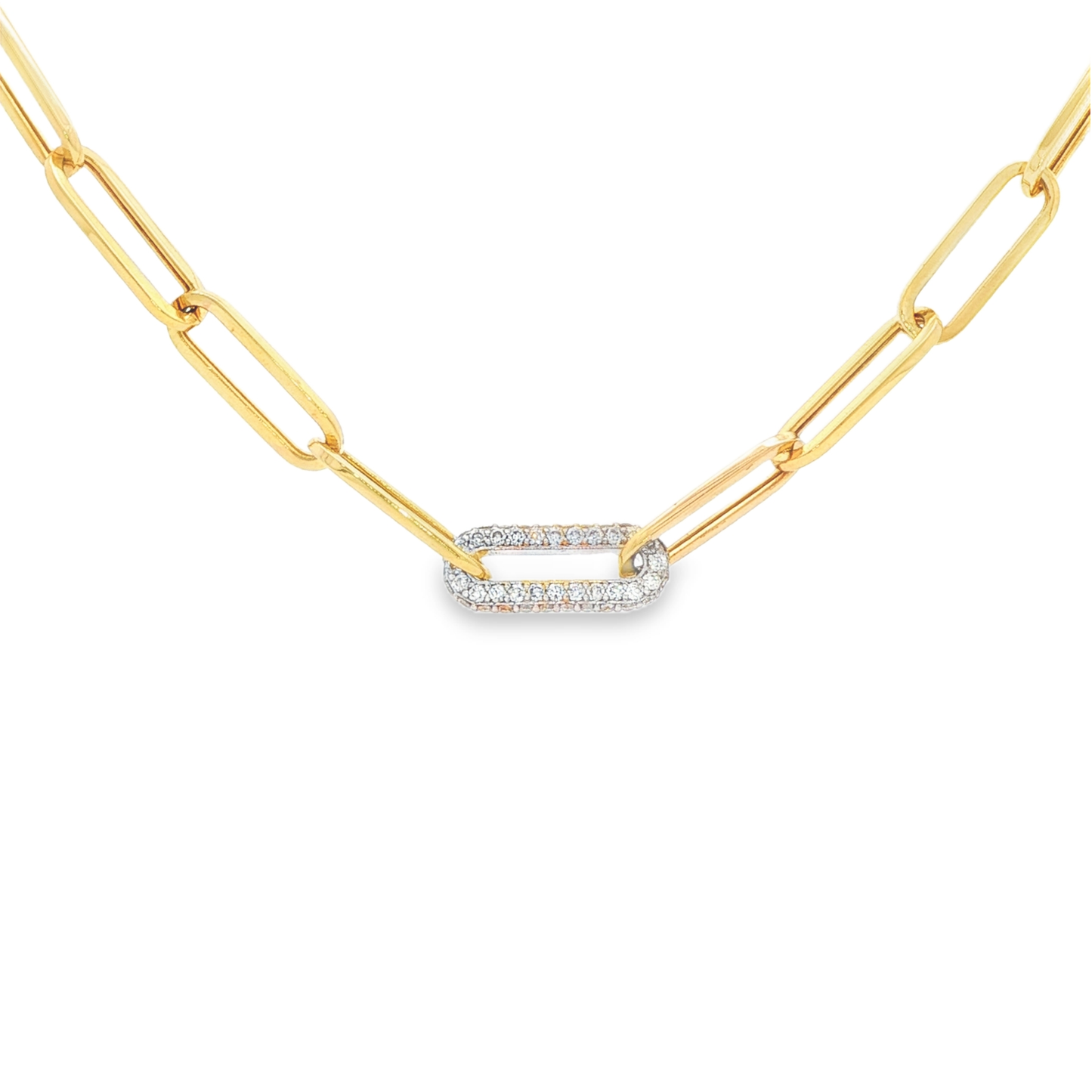 King Jewelers Single Diamond Link Paperclip Chain Necklace 14K Yellow Gold