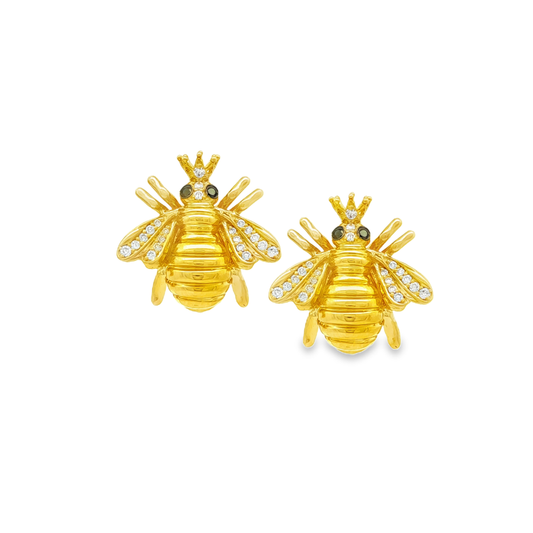 King Jewelers Diamond Bee Earrings 14K Yellow Gold