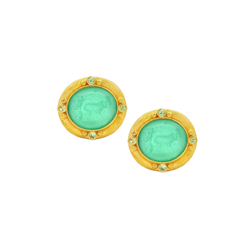 Elizabeth Locke Lion Goat Putto Venetian Glass Intaglio Earrings