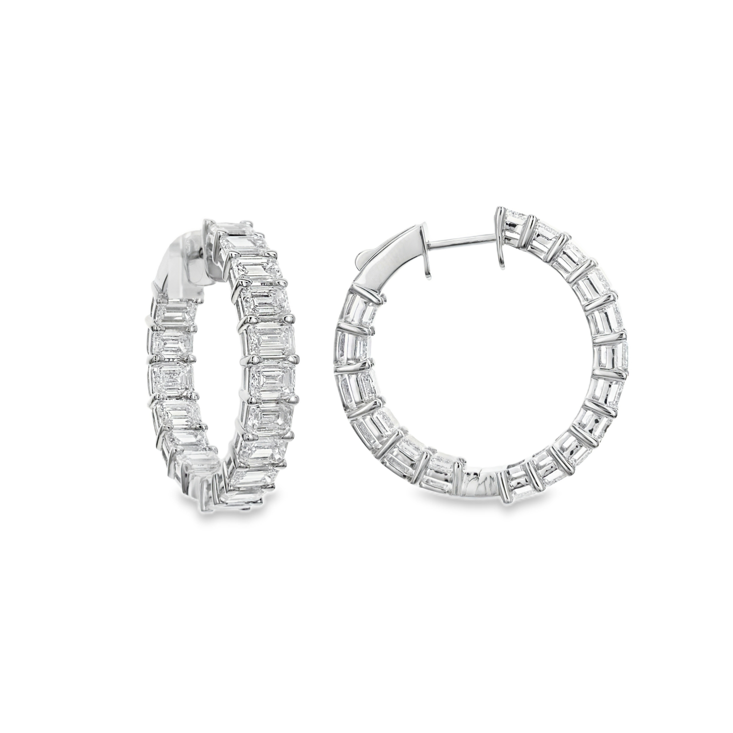 King Jewelers 10.75ct Emerald Cut Diamond Hoop Earrings 18K White Gold