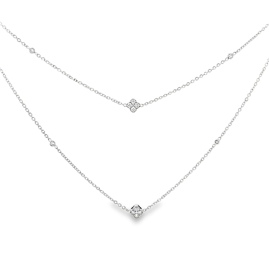 King Jewelers Diamond Clover Station Necklace 18K White Gold