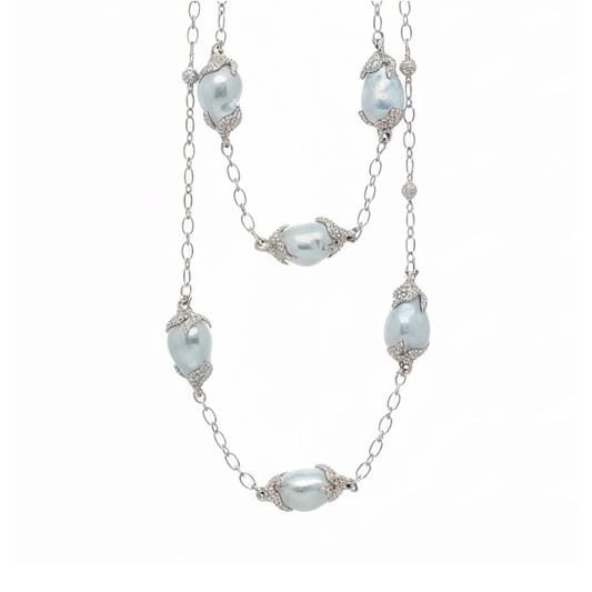 Mikimoto Baroque South Sea Pearl Station Necklace with Diamonds