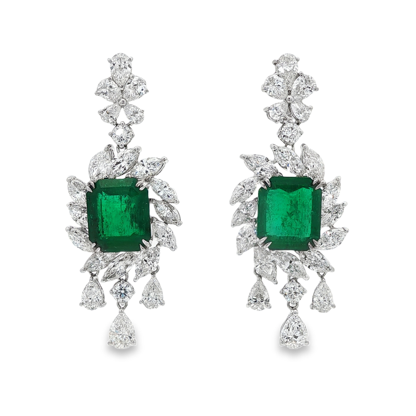 King Jewelers Emerald and Diamond Drop Earrings 18K White Gold