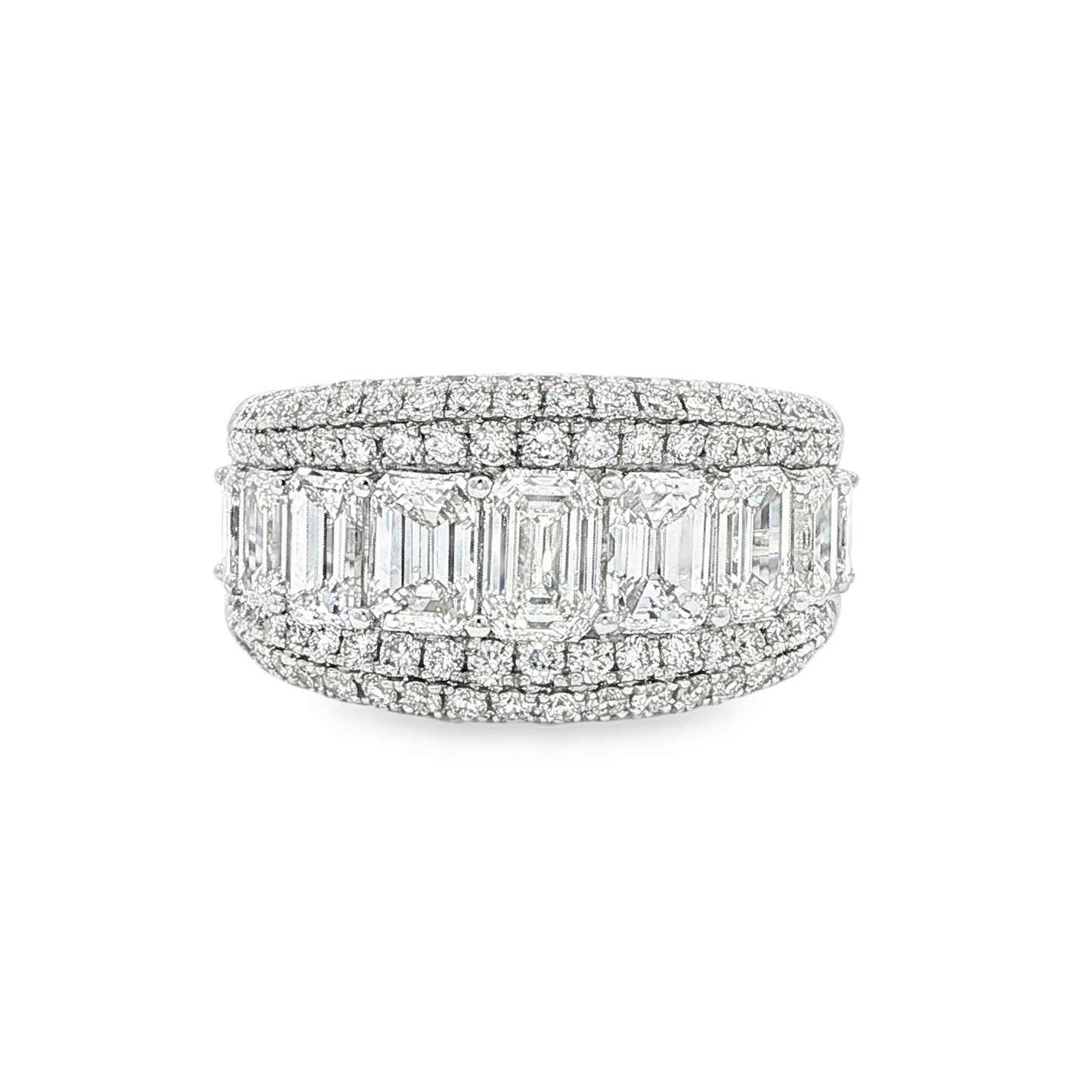 King Jewelers 4.26ct Emerald Cut and Round Diamond Statement Ring 18K White Gold