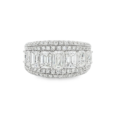 King Jewelers 4.26ct Emerald Cut and Round Diamond Statement Ring 18K White Gold