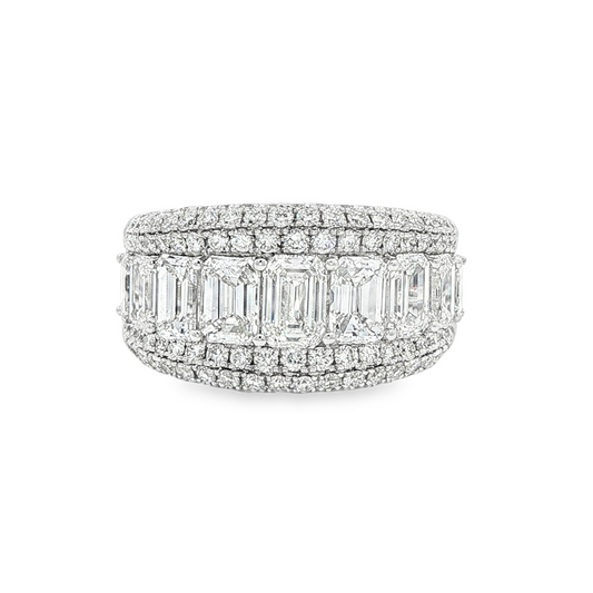 King Jewelers 4.26ct Emerald Cut and Round Diamond Statement Ring 18K White Gold