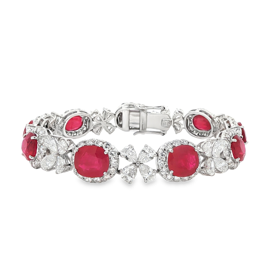 King Jewelers Oval Ruby and Diamond Bracelet in 18K White Gold
