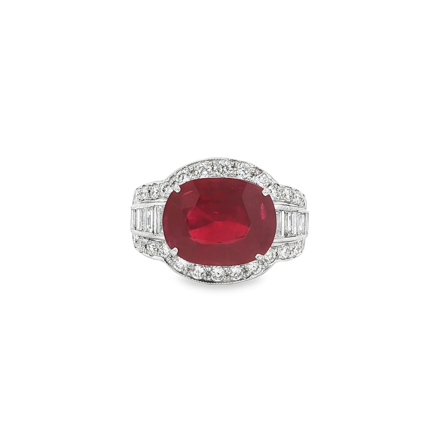 King Jewelers Oval Burma Ruby Ring with Diamonds 18K White Gold