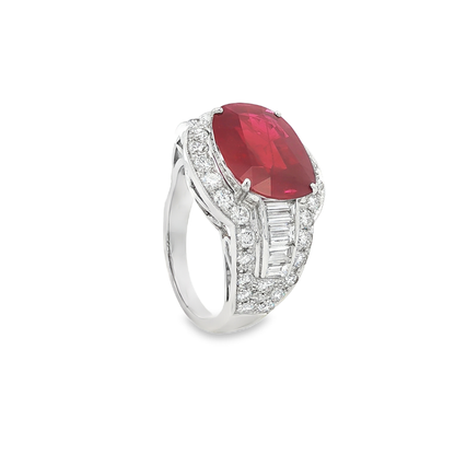 King Jewelers Oval Burma Ruby Ring with Diamonds 18K White Gold