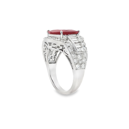 King Jewelers Oval Burma Ruby Ring with Diamonds 18K White Gold
