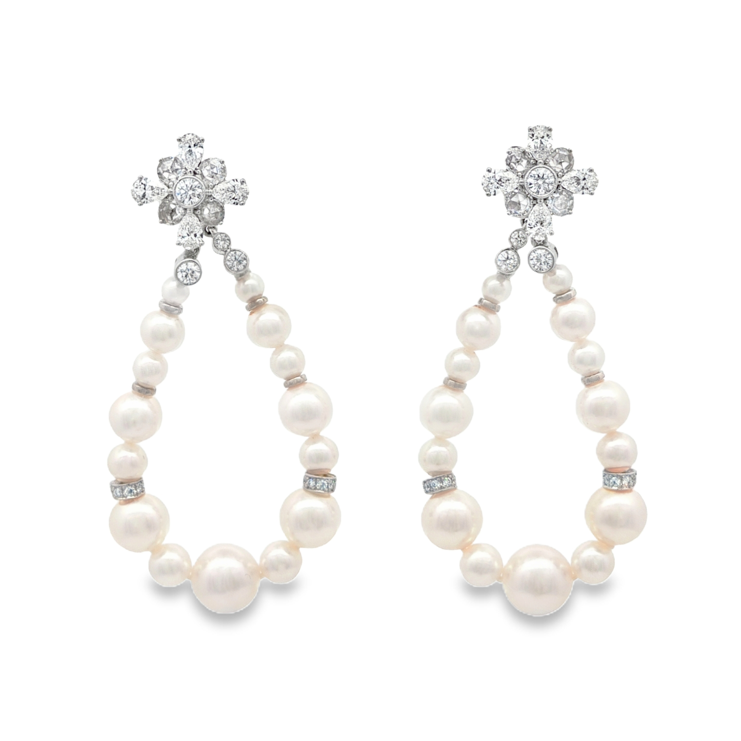 Mikimoto Akoya Pearl Teardrop Earrings with Diamonds 18K White Gold