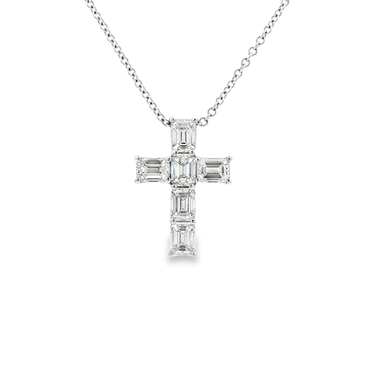 Norman Silverman 1.40ct Emerald-Cut Diamond Cross Pendant Necklace 18K White Gold
