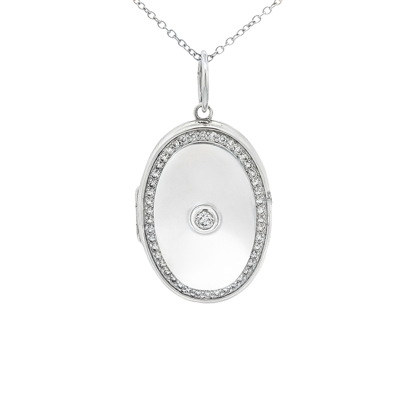 King Jewelers Diamond Oval Locket Pendant 14K White Gold