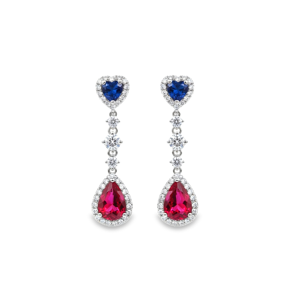 King Jewelers Heart-Cut Blue Sapphire and Pear Ruby Drop Earrings in 18K White Gold