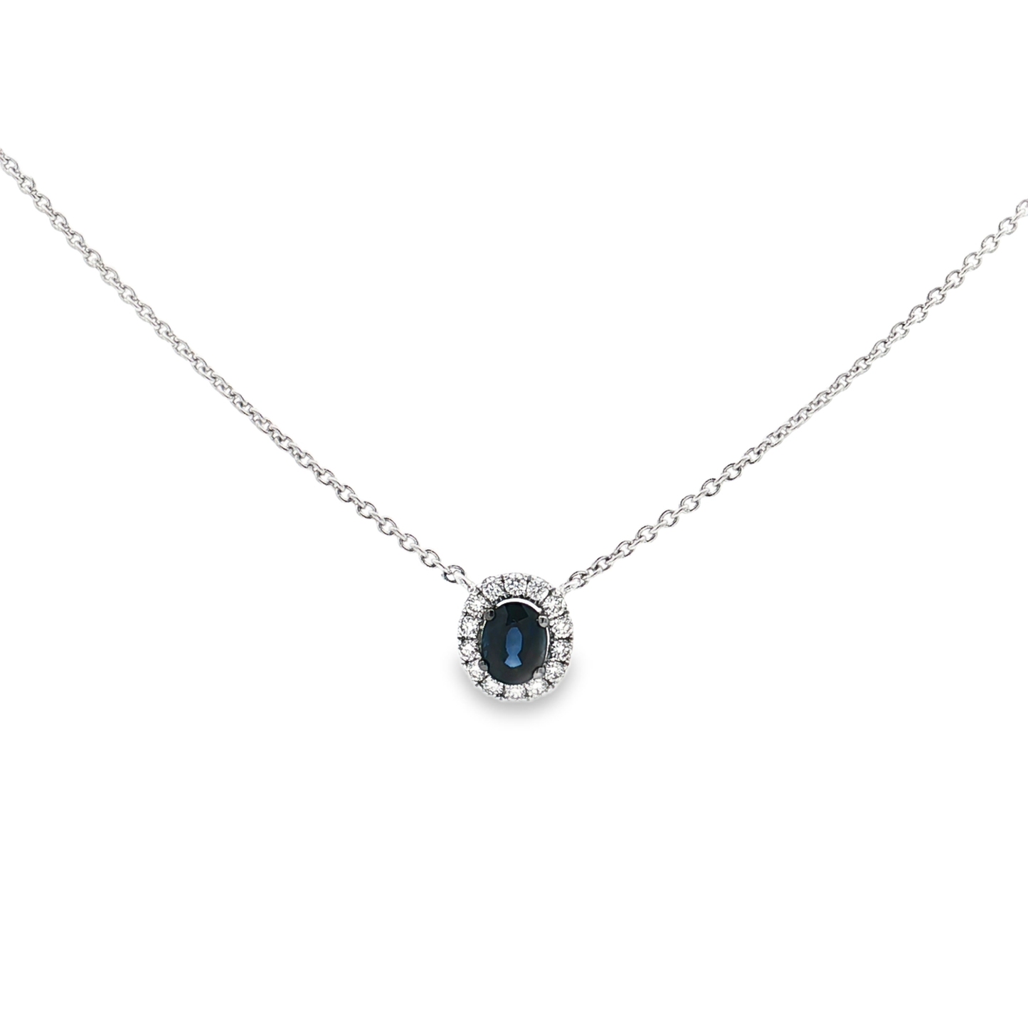 King Jewelers Oval Blue Sapphire Pendant Necklace with Diamond Halo 18K White Gold