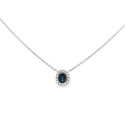 King Jewelers Oval Blue Sapphire Pendant Necklace with Diamond Halo 18K White Gold