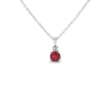 King Jewelers Ruby Pendant Necklace with Diamonds 14K White Gold